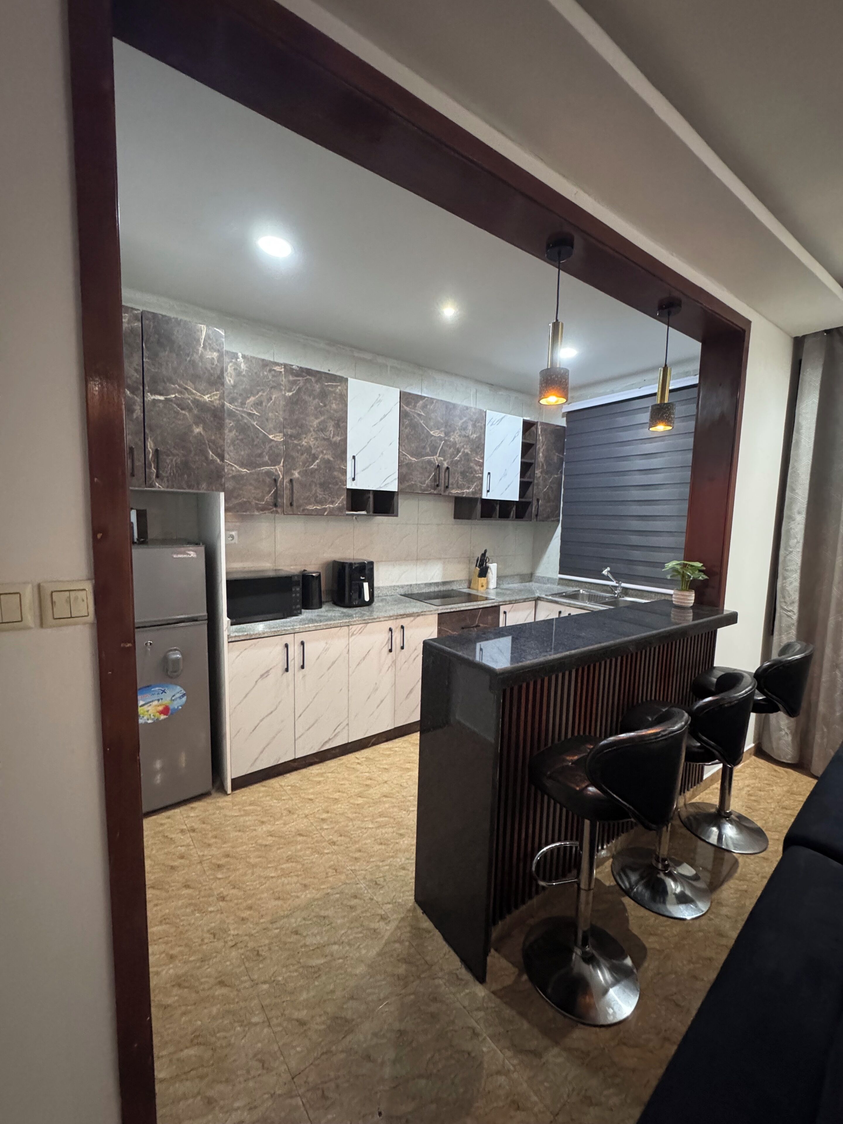 Fridge, microwave, stovetop, electric kettle