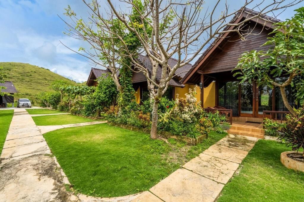 A residential property with a paved driveway, a well-maintained lawn, and a variety of plants.