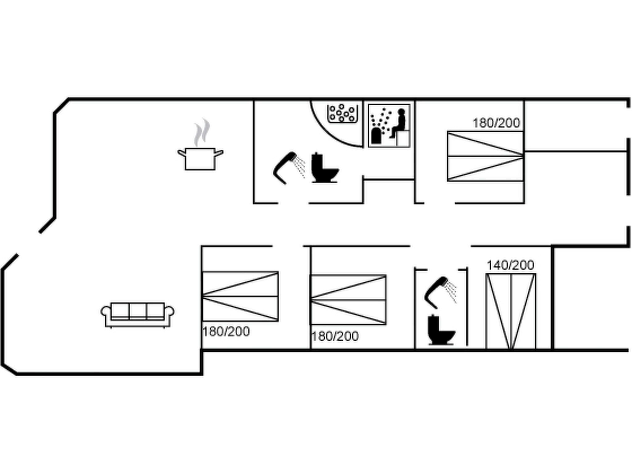 Een plattegrond met een keuken, twee badkamers en een woonruimte.