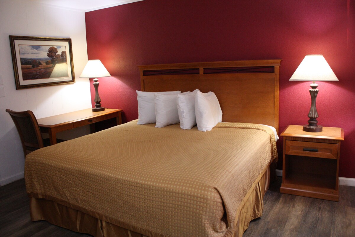Habitación de hotel con una cama grande, dos mesitas de noche con lámparas, un escritorio y una silla.
