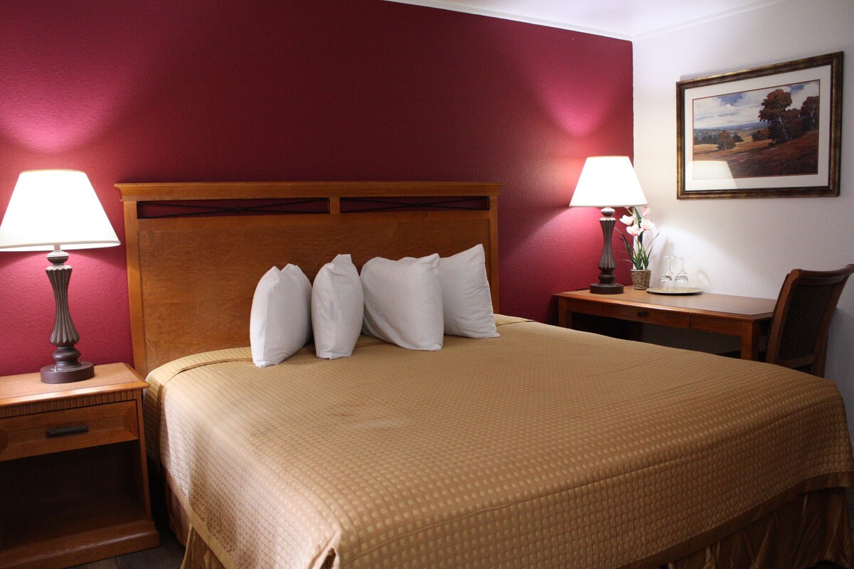 Habitación de hotel con una cama grande, dos mesitas de noche con lámparas, un cabecero de madera y un cuadro de paisaje enmarcado en la pared.