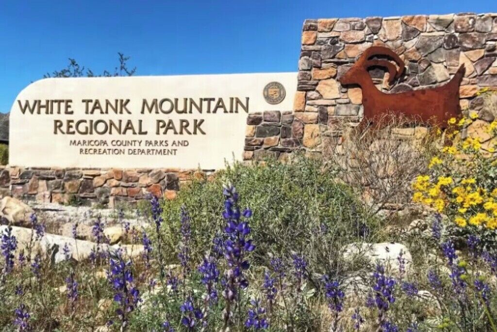 Naamplaatje voor White Tank Mountain Regional Park, met een stenen muur en een robuust metalen beeldhouwwerk.