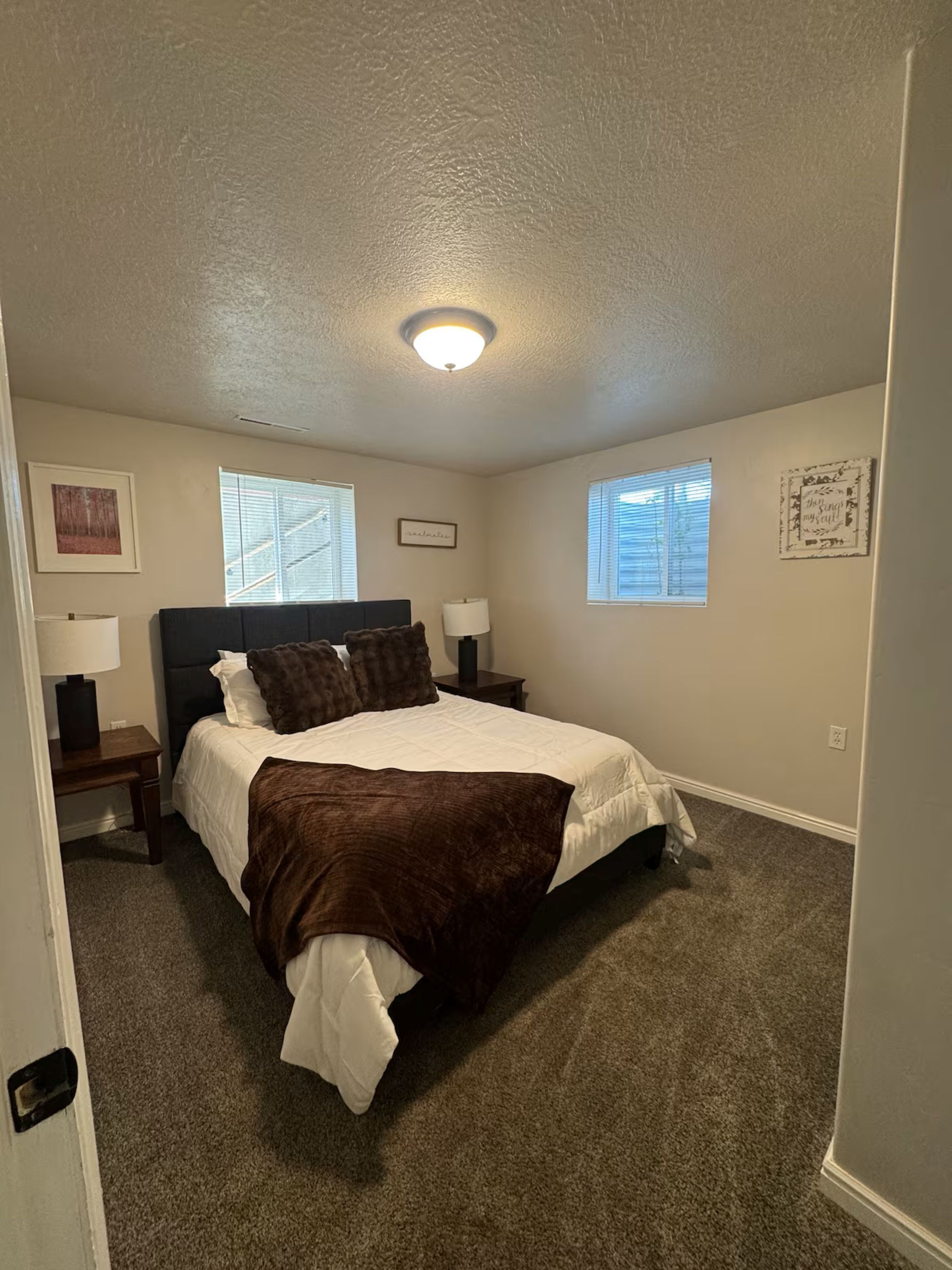 A bedroom with a bed, two bedside tables, a nightstand, a ceiling light, and two windows with blinds.