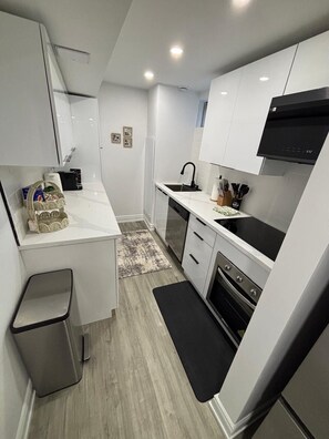 A compact kitchen with white cabinetry, a black countertop, a stainless steel sink, and a built-in oven. - Luxury Guest Suite (Thorold)