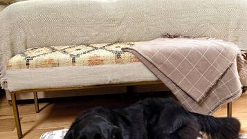 Una cama con ropa de cama estampada, una lámpara de noche y un perro descansando sobre un almohadón.