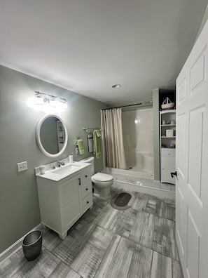 Een badkamer met toilet, wastafel, spiegel en douche.