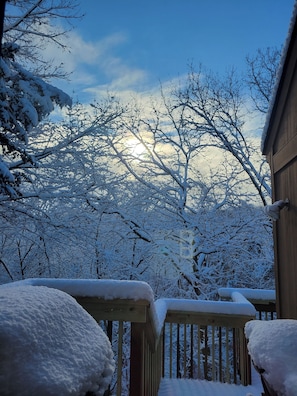 Una terraza de madera con acumulación de nieve, rodeada de árboles cubiertos de nieve y un cielo despejado.