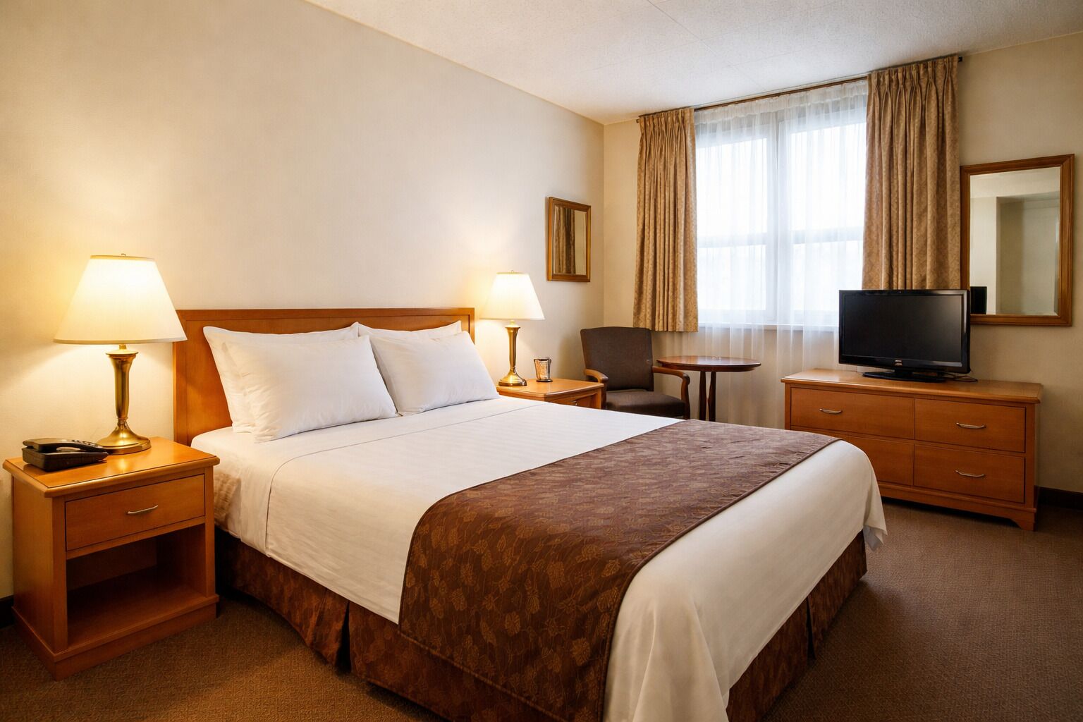Ein Hotelzimmer mit einem großen Bett, zwei Nachttischen mit Lampen, einem Sessel, einem Fernseher und einem kleinen Tisch.