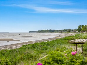 A beach with a wooden bench, grassy areas, and a distant shoreline with buildings. - "Sylvelin" - 40m from the sea by Interhome (Sjølund)