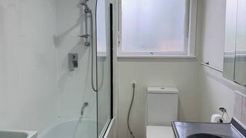 Hair dryer, towels, soap, toilet paper