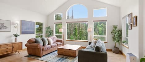 Smart TV, fireplace, books, offices
