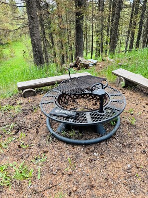 Ein runder Feuerkorb aus Metall mit Grillrost, umgeben von einem bewaldeten Gebiet mit Picknicktischen.