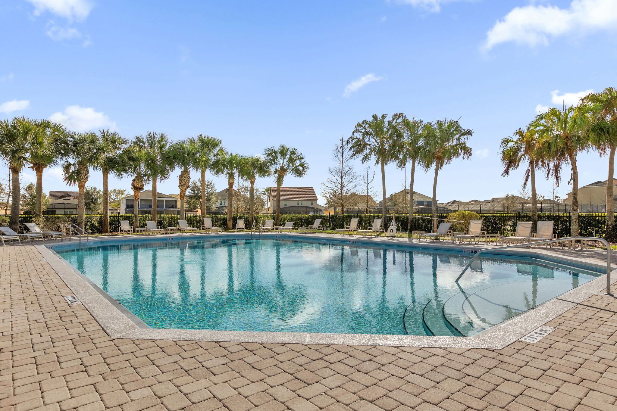 A swimming pool with lounge chairs and palm trees.