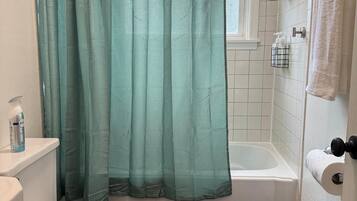 Hair dryer, towels, soap, toilet paper