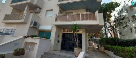 A multi-story building with balconies, a sign reading 'Edif. PINGA,' and a palm tree in the entrance area.