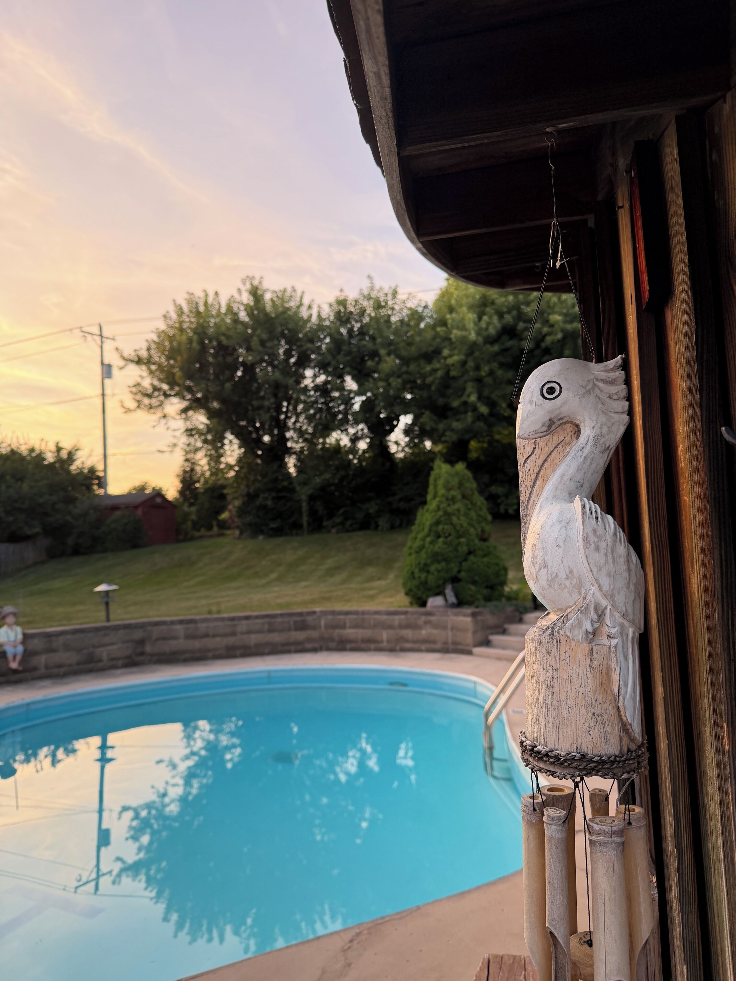 A wooden bird sculpture by a poolside.