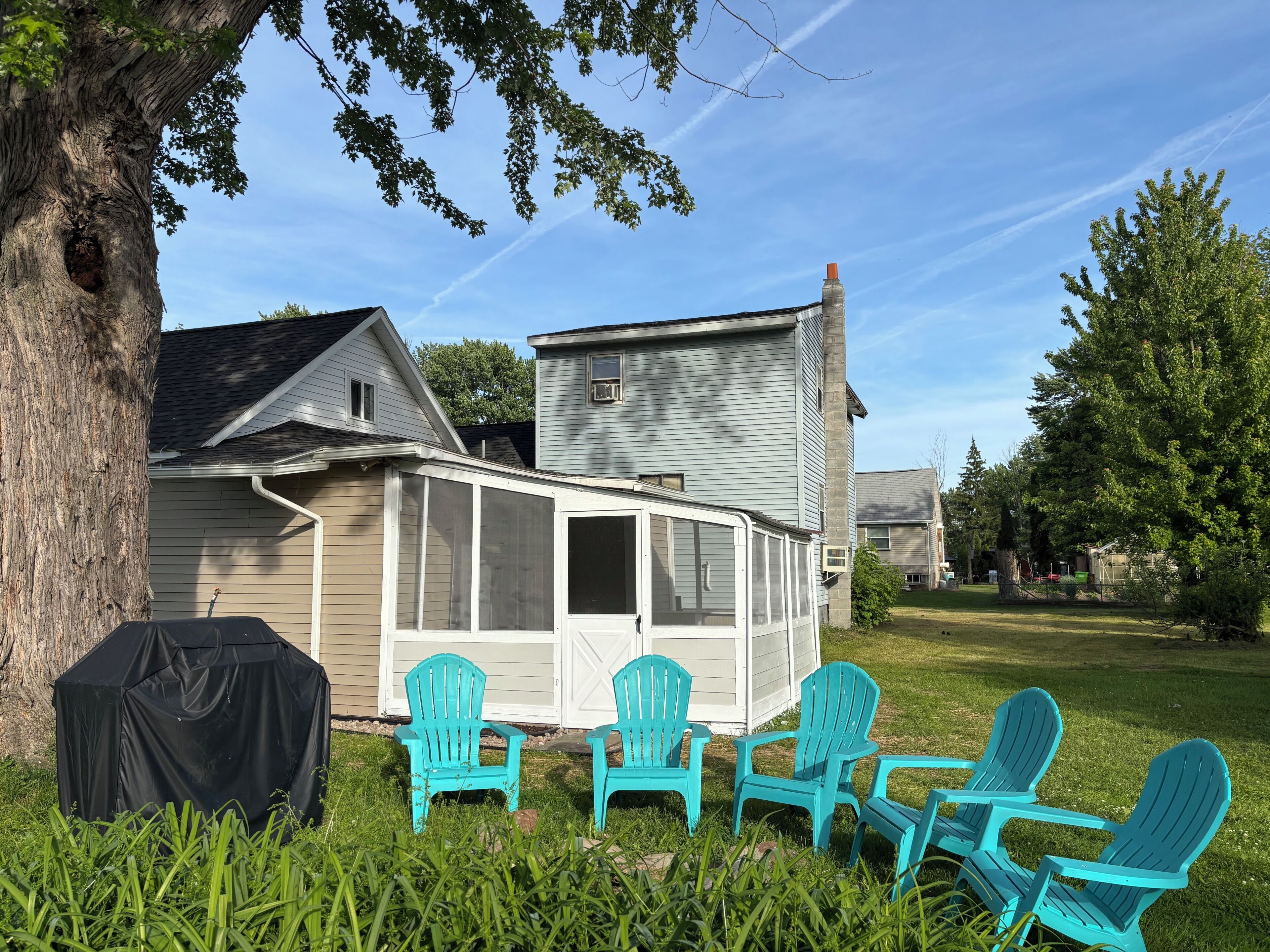 A backyard with a covered patio, four turquoise Adirondack chairs, a grill, and a large tree.