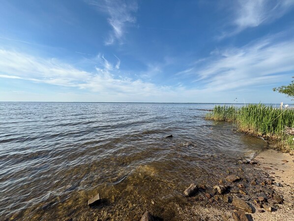 A calm lake with clear water, a sandy shore, and green vegetation.
