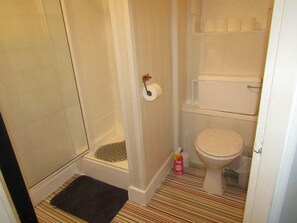 A bathroom with a shower, toilet, and a small rug on the floor. - No 12 GuestHouse (Blackpool)