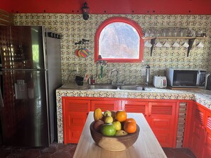 A kitchen with a refrigerator, sink, microwave, and a bowl of fruit on the counter. - House with a spectacular view of the lake, 8 minutes from the Zócalo and downtown. (Valle de Bravo)
