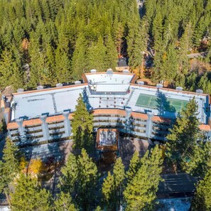 Un hotel de varios pisos con techo plano, rodeado de un bosque denso.
