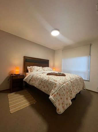 A bedroom with a bed, bedside lamps, a nightstand, a window, and a ceiling light.. El Rincon de Paz, House equipped at 11 km airport