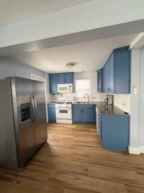 Eine moderne Küche mit Edelstahlgeräten, blauen Schränken und Holzboden.