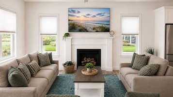 Smart TV, fireplace, foosball, table tennis