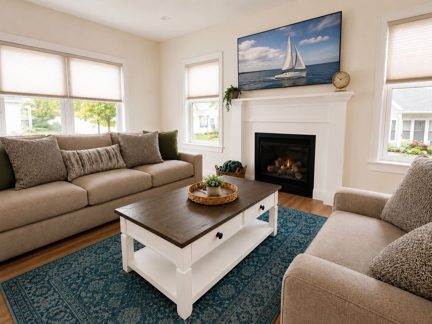 A living room with a beige sofa, a coffee table, a fireplace, and a sailboat painting on the wall.