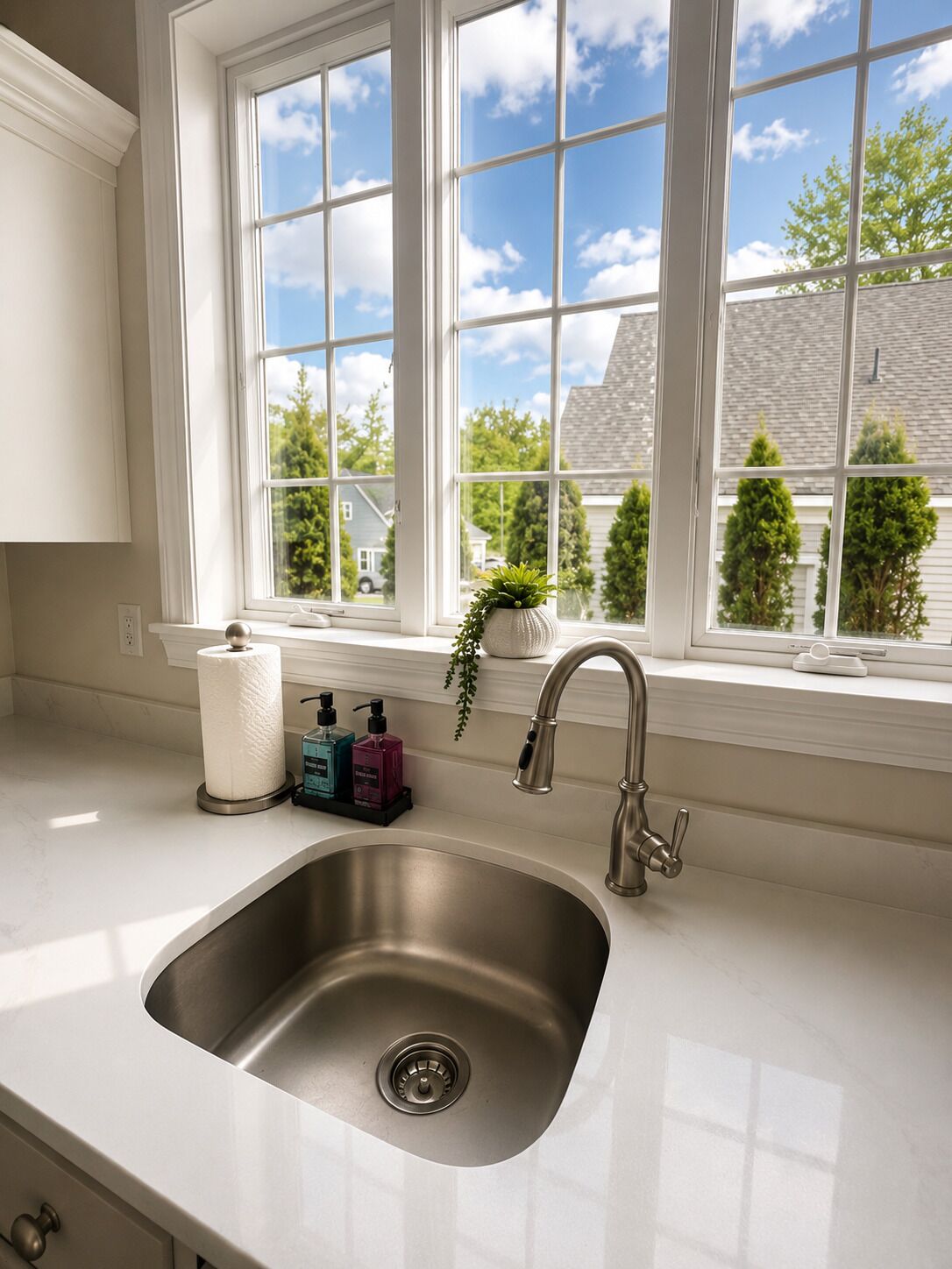 A kitchen with a stainless steel sink, a window with a view of houses and trees, and a potted plant on the windowsill.
