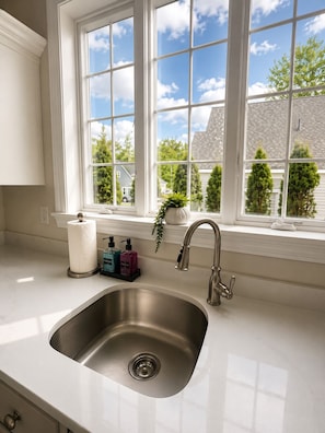 A kitchen with a stainless steel sink, a window with a view of houses and trees, and a potted plant on the windowsill.