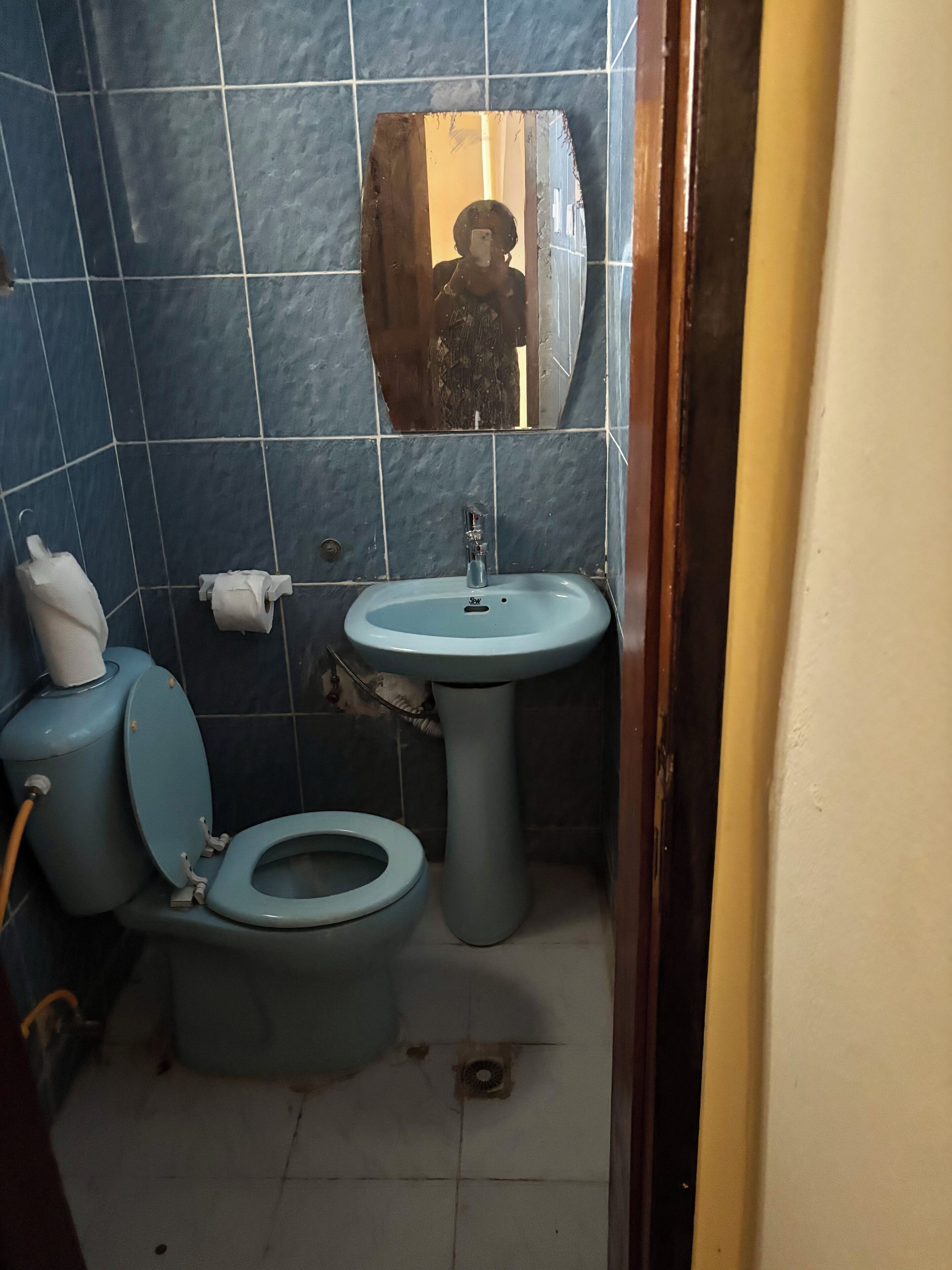 Un baño con inodoro, lavabo y espejo.