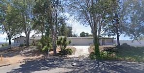 A building with a flat roof, a paved driveway, and a small garden area with trees and shrubs.