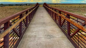 Un puente de hormigón con barandillas de madera que da a un paisaje.