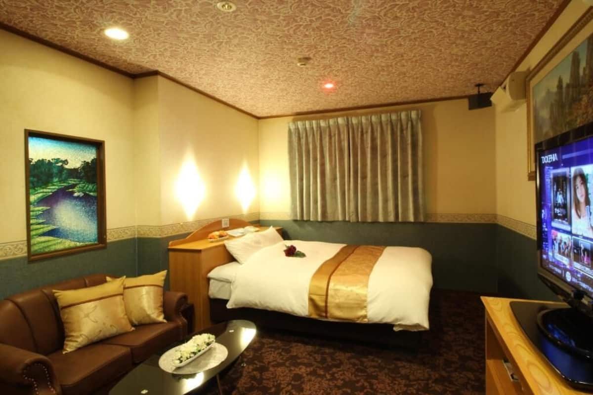 Una habitación de hotel con una cama, un sofá, un televisor y un cuadro en la pared.