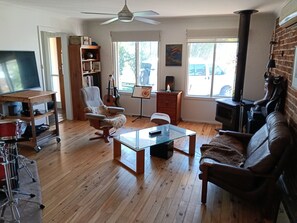 Un soggiorno con divano, poltrona, tavolino, televisore, libreria, chitarra, camino e ventola a soffitto.
