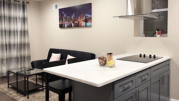 A modern kitchen with a marble countertop, grey cabinets, and a cityscape painting on the wall. - NEW 2B Duplex near Sport Complex & Airport Unit-A (Philadelphia)