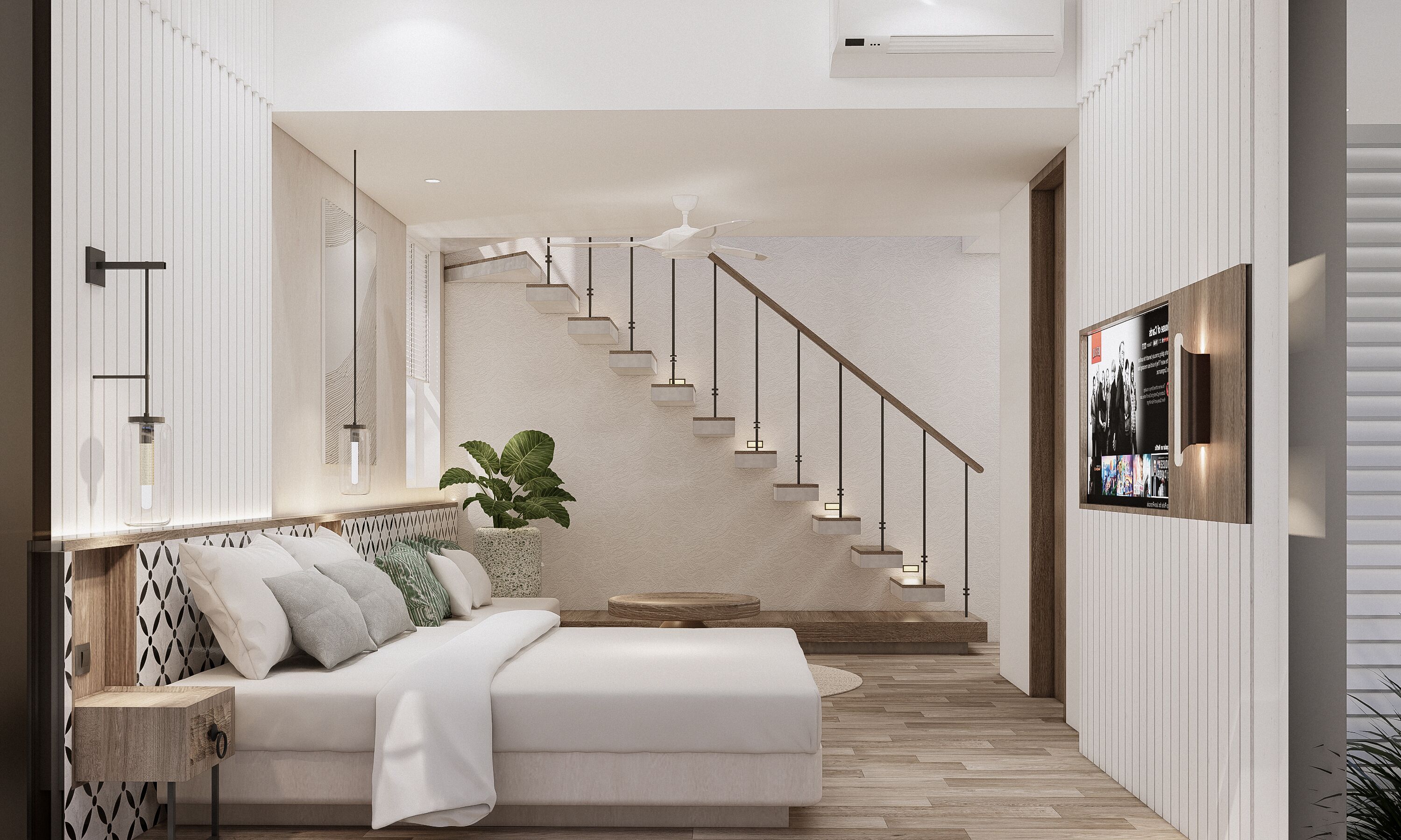 A modern interior with a staircase, a sofa, and a wall-mounted TV.