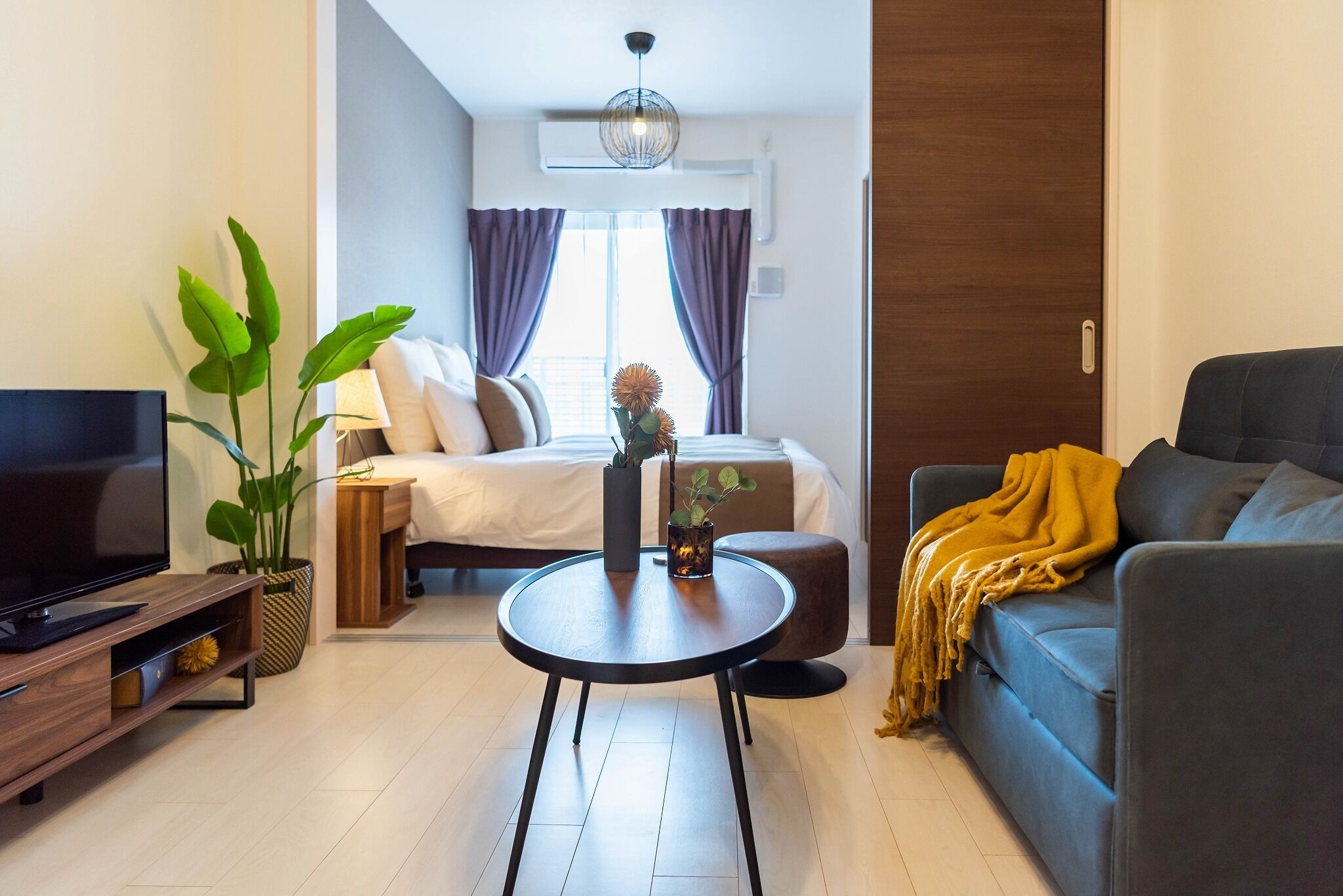 Ein modernes Hotelzimmer mit einem Bett, einem Sofa, einem Fernseher, einem kleinen Tisch und einer Zimmerpflanze.