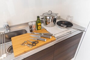 Großer Kühlschrank, Mikrowelle, Herdplatte