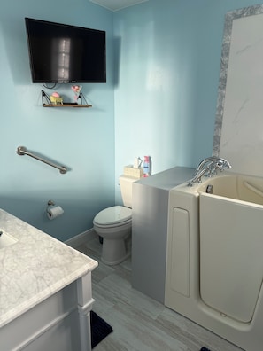 Een badkamer met toilet, wastafel, bad en een televisie aan de muur.
