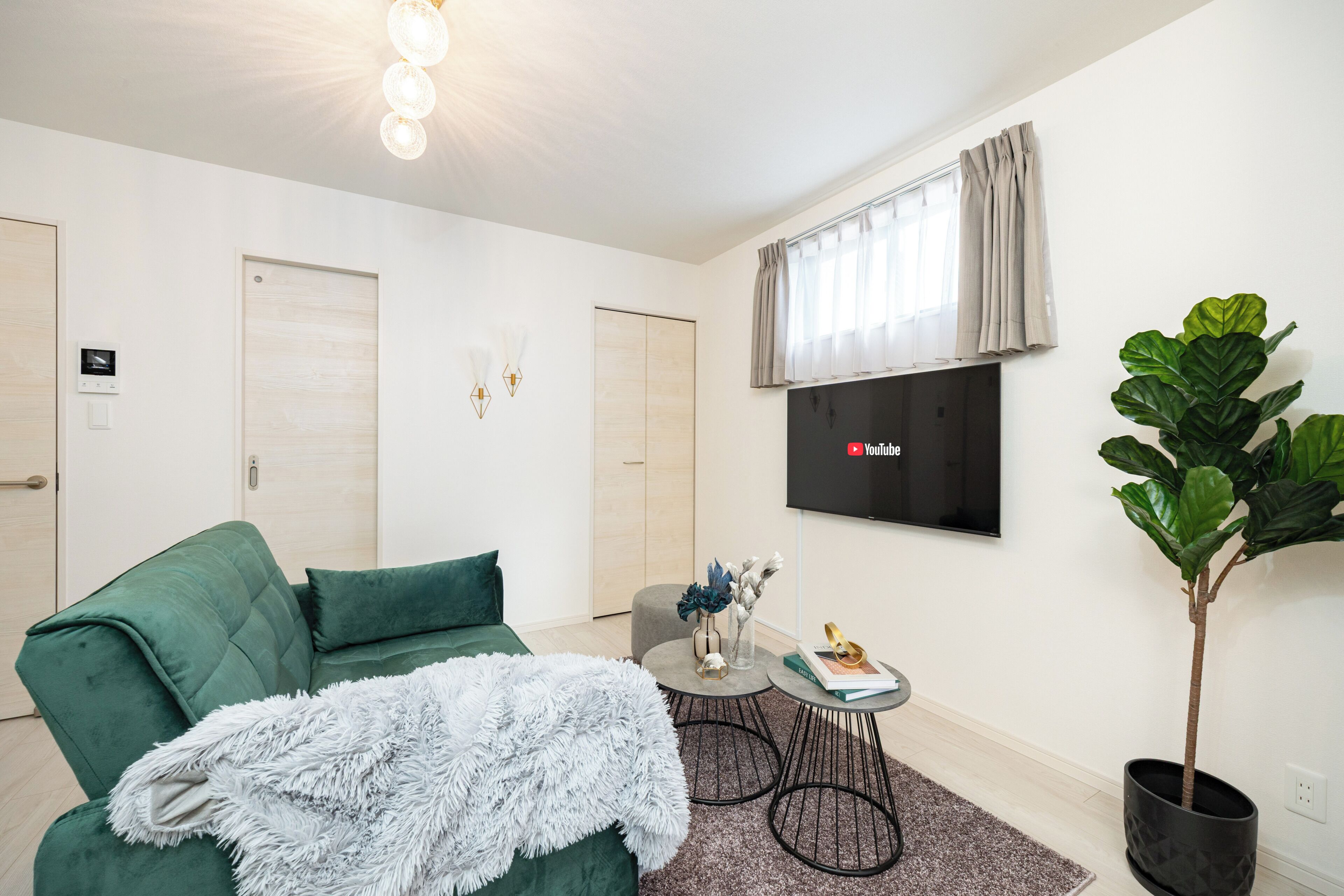 Una sala moderna con un sofá verde, un plaid blanco mullido, una mesita redonda con un jarrón y un libro, una planta grande en maceta y un televisor de pantalla plana montado en la pared.