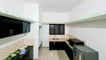 Fridge, microwave, stovetop, electric kettle
