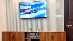 Un téléviseur à écran plat est fixé à un mur en bois, et une guirlande de feuilles est accrochée au-dessus. En dessous du téléviseur, on trouve un meuble en bois sur lequel sont posées deux plantes en pot.