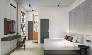 A modern hotel room with a bed, a desk, a chair, a wardrobe, and a television. - Lantern Chiang Mai Night Bazaar Hotel (Chiang Mai)