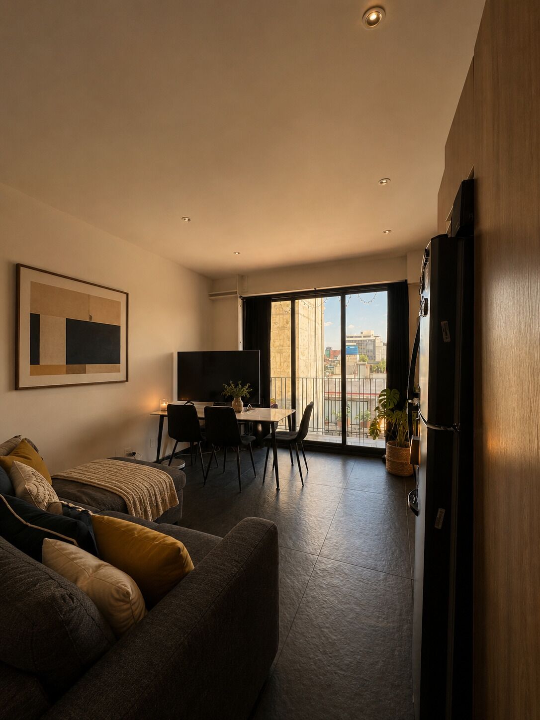 A modern living room with a sofa, a dining area with chairs, a TV, and a balcony with a view of the city.