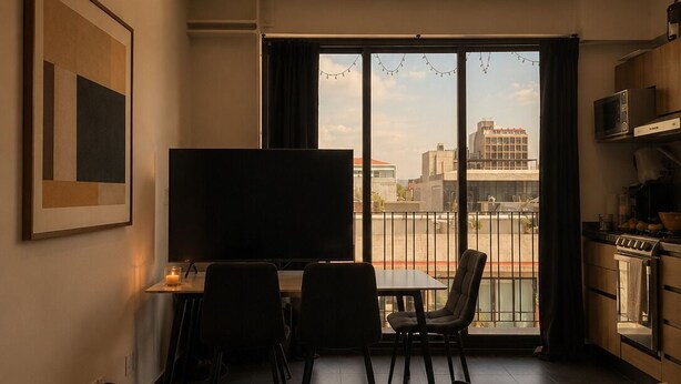 A modern living room with a flat-screen TV, a dining area with chairs, a sofa, and a kitchen area with a microwave and stove. - Roma Habitat. Loft in Roma Norte.
Designed for the modern traveler (Ciudad de México)