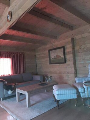 Ein Holzinnenraum mit einer Couch, einem Tisch und einem Stuhl.