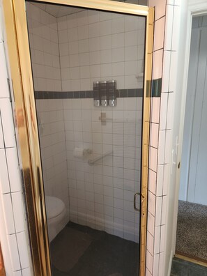 Pieni, suljettu suihkutila, jossa on laatoitettu seinä, wc ja kolme pulloa shampoota, hoitoainetta ja suihkugeeliä.