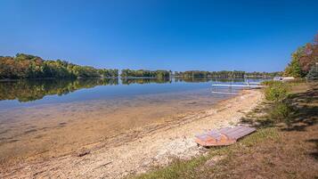 Vista de un lago con agua cristalina, un muelle de madera y una orilla cubierta de césped.